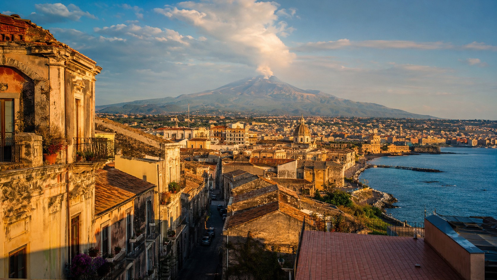 Vista da Sicília com o Monte Etna ao fundo, cenário de filmes icônicos e referências de animes e games
