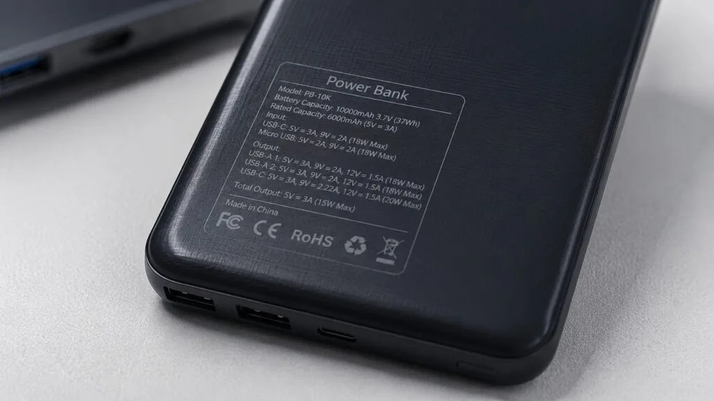 Especificações técnicas de um power bank com capacidade em Wh e mAh