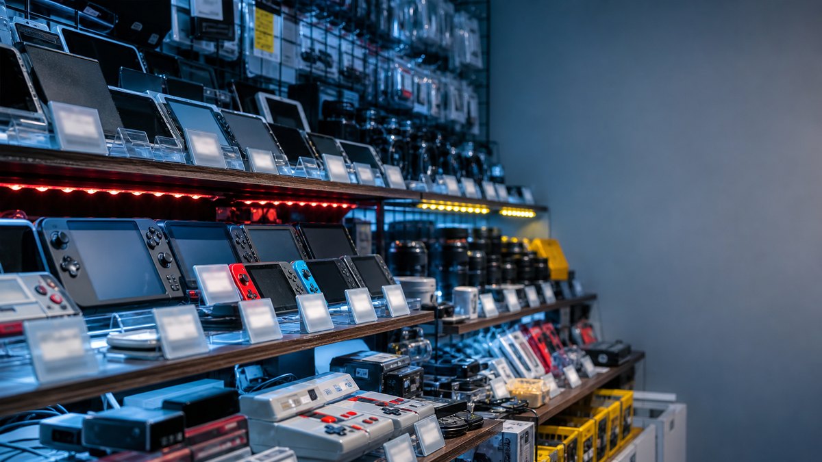 Imagem interna de loja japonesa com eletrônicos usados e acessórios