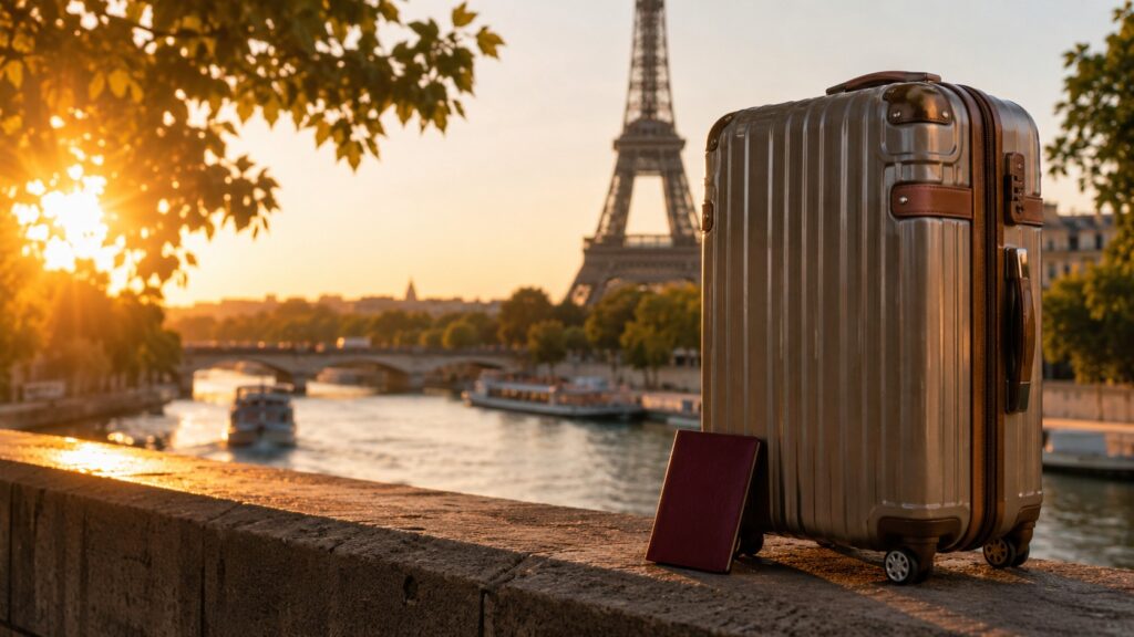 Cenário de viagem para a Europa com bagagem e passaporte preparados para o ETIAS