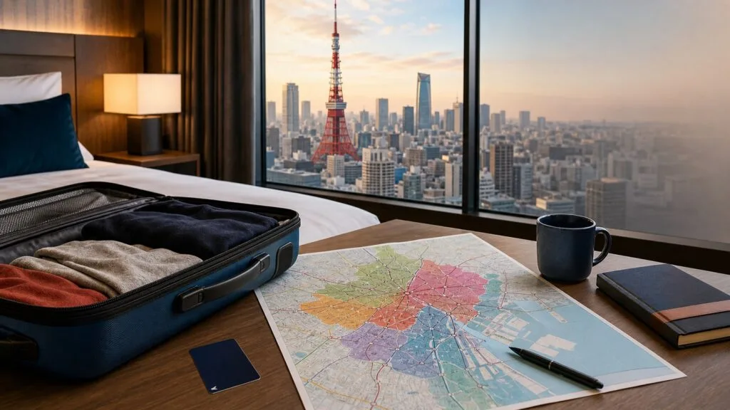 Quarto de hotel com um mapa de Tóquio usado no planejamento da viagem