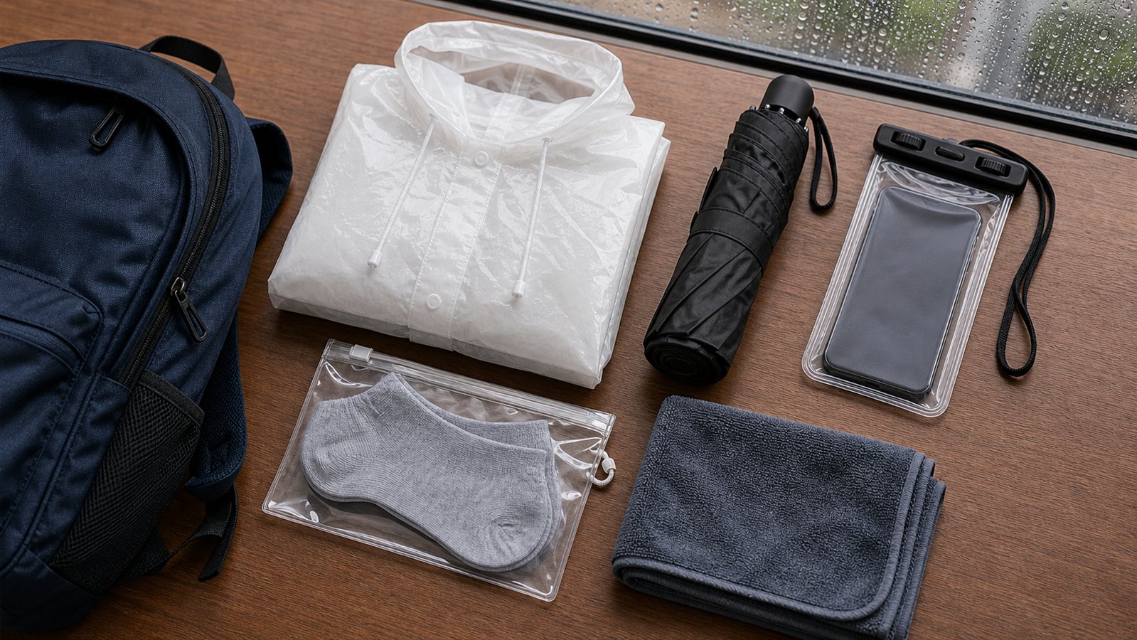 Poncho, guarda-chuva compacto, toalha e capa impermeável para celular em dia de parque