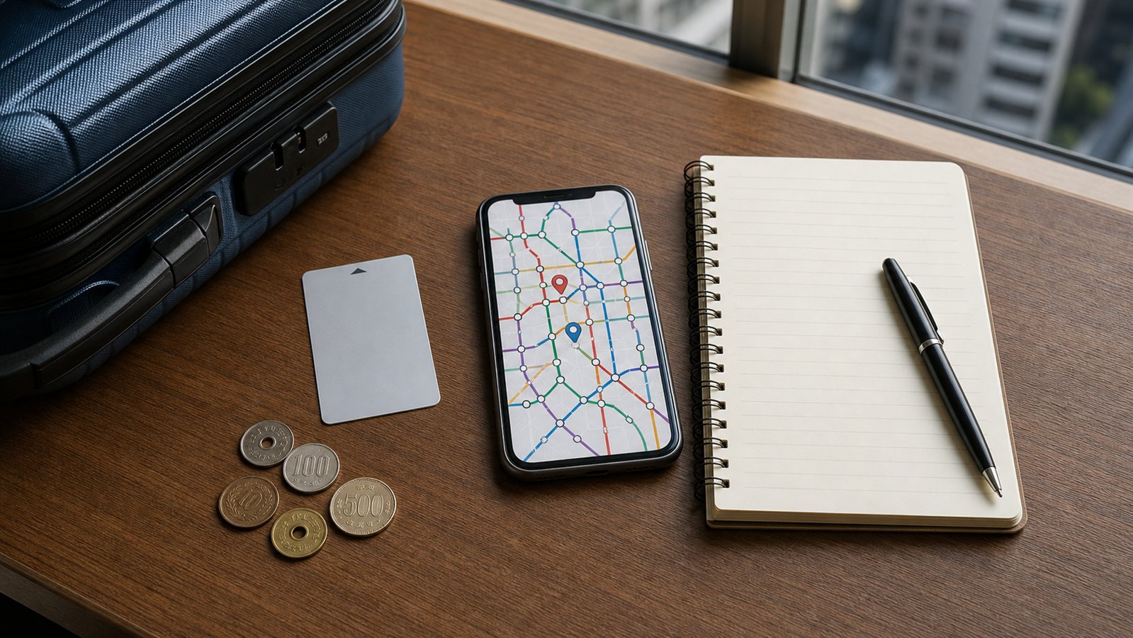 Mala, mapa de transporte e caderno para escolher onde ficar em Tóquio
