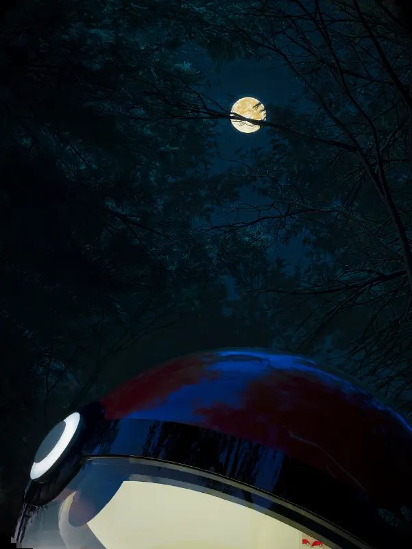 Hotel Pokébola iluminado durante a noite na floresta de Hokkaido