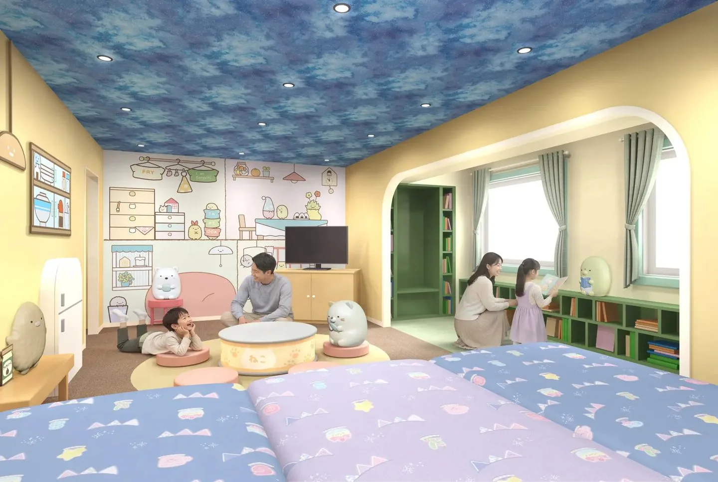 Render oficial do quarto temático de Sumikko Gurashi com teto azul, camas ilustradas e espaço para procurar os personagens Tapioca.